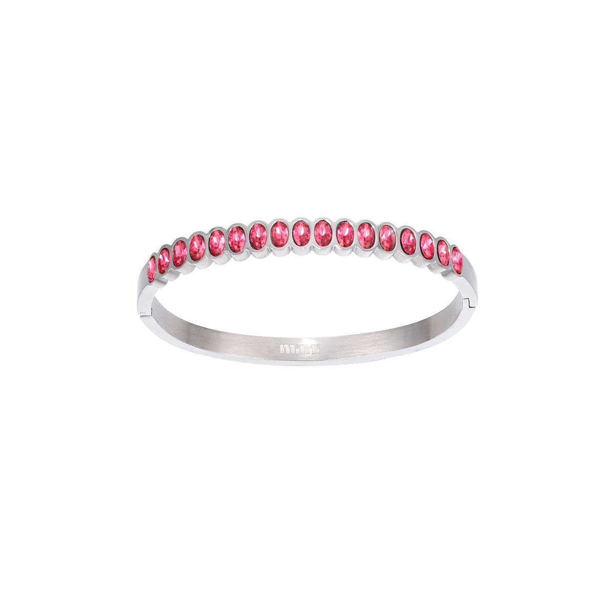 A Bijoux De Mimi silver bangle bracelet featuring a row of small oval-cut pink gemstones.