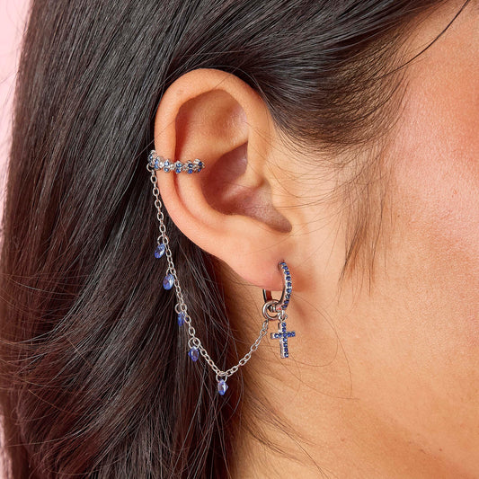Millie Silver Blue Chunky Ear Cuff & Droplet Chain
