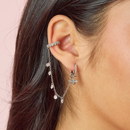 Millie Silver Crystal Chunky Ear Cuff & Droplet Chain