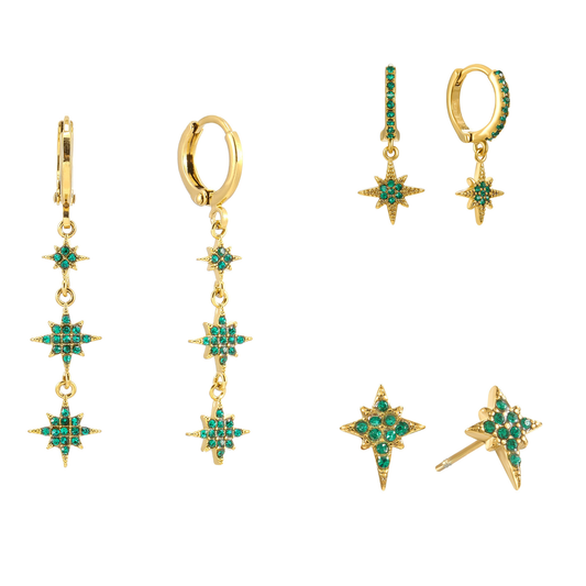 The Romilly, Cosima Huggie & Cosima Stud Set – Gold & Green