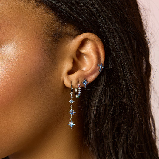 Romilly Blue Silver Droplet Star Huggie Earrings