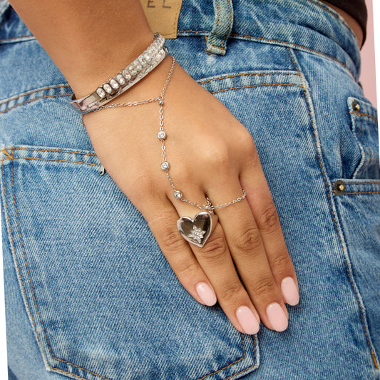 Ruby Silver Crystal Chunky Heart Ring