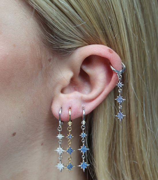 Violet Crystal Silver Droplet Star Huggie Earrings