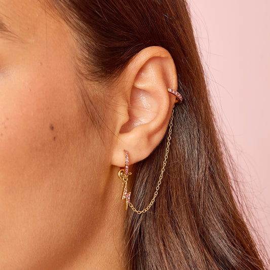 Talitha Gold Pink Lightning Bolt Huggie Earrings