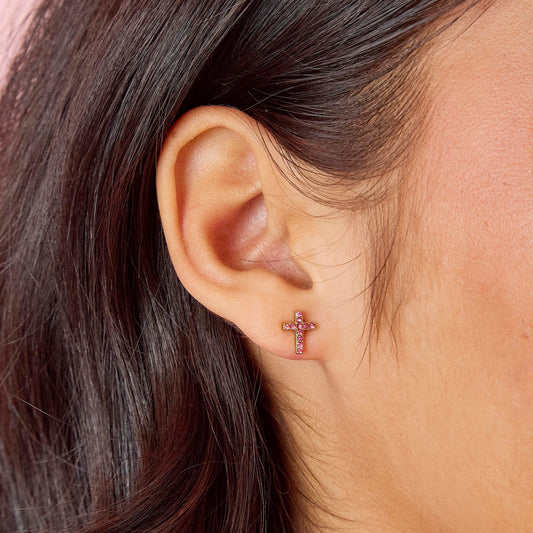 Camilla Cross Stud Earrings Gold & Pink