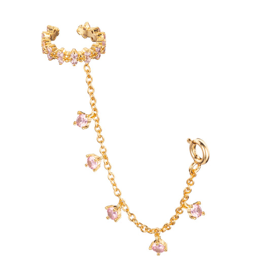 Gold Pink Chunky Ear Cuff & Droplet Chain