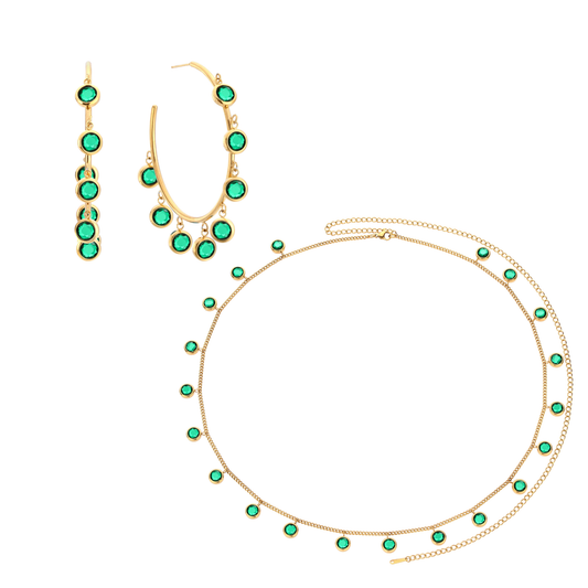 The Faiza Hoops & Ivy Belly Chain Set – Gold & Green