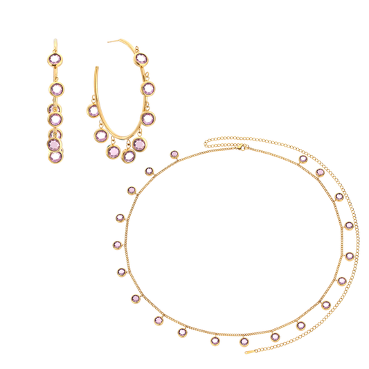 The Faiza Hoops & Ivy Belly Chain Set – Gold & Pink