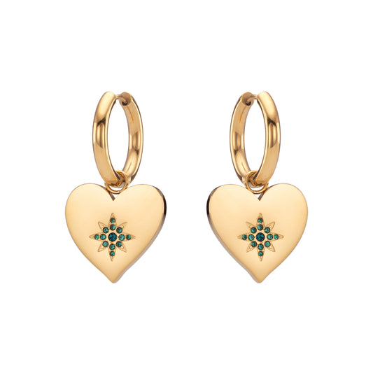 Lucinda Gold Green Chunky Heart Hoop Earrings