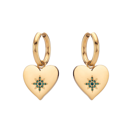 Lucinda Gold Green Chunky Heart Hoop Earrings