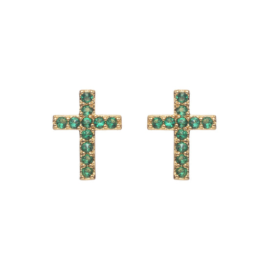 Camilla Cross Stud Earrings Gold & Green